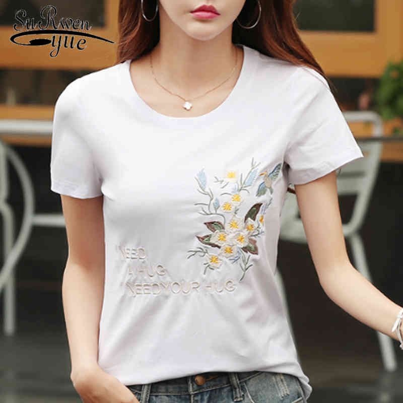 

Embroidery Floral Women Clothing Cotton Shirt Summer Fashion Short Sleeve  Camisetas Feminina 4732 50 210521, White