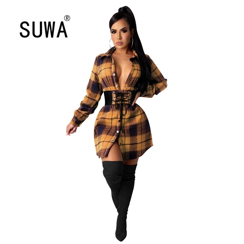 

Autumn Fall Plaid Print Vintage Mini Dress Women Sexy Turn Down Collar Long Sleeve Blouse Casual Shirt with Girdles 210525, Black