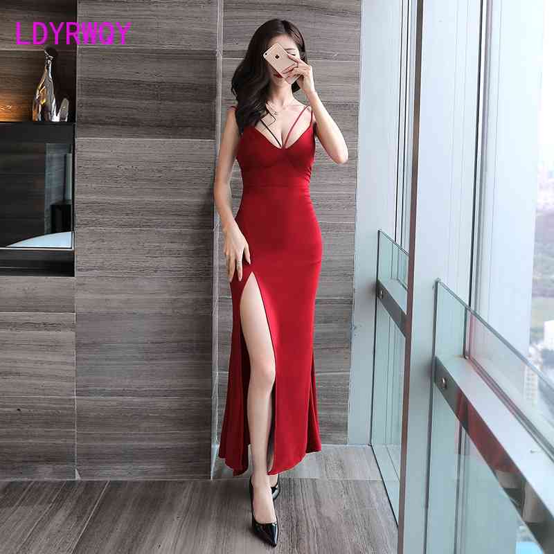

sexy low-cut slim cut-off long strap dress Zippers Sleeveless Sheath V-Neck Solid Office Lady 210603, Black