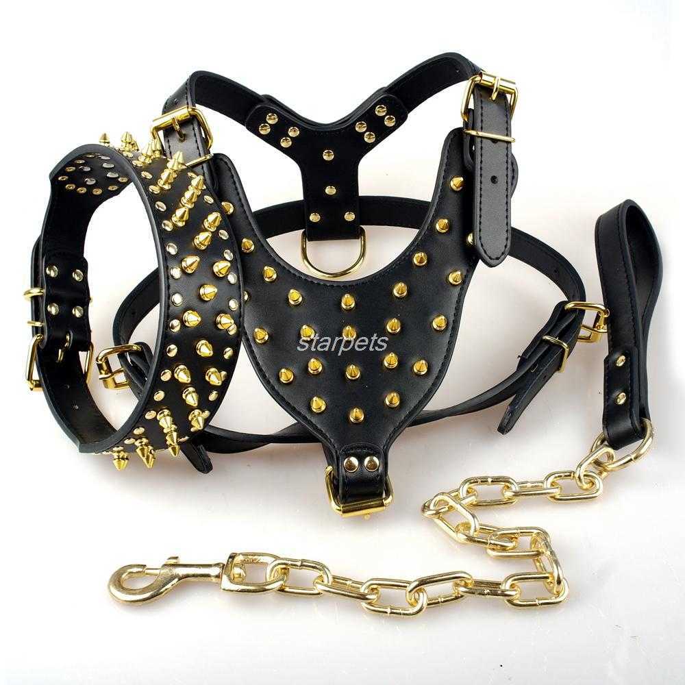 

Cool Spiked Studded Leather Dog Harness Rivets Collar and Leash Set For Medium Large Dogs Pitbull Bulldog Bull Terrier 26"-34" 211006