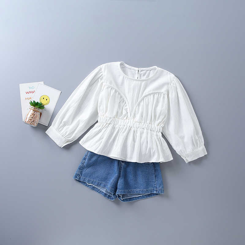 

2-7 years high quality girl clothing set autumn casual tiered ruched solid shirt + denim pant kid children clot 210615, White