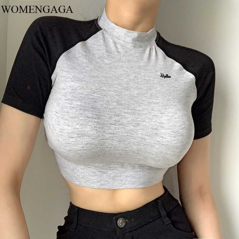 

Summer Fashion Womens Sexy Short Girl Female Exposed Navel Stand Neck Patchwork Letter Embroidery T Shirt Tops E229 210603, Gray
