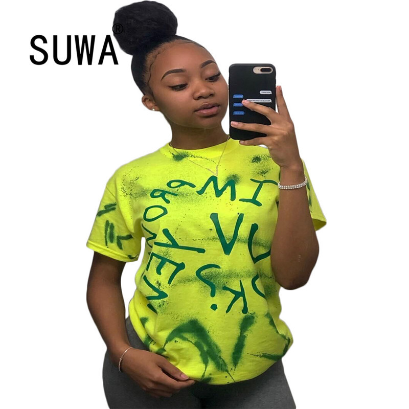 

Letter Printing T Shirt Summer Women Short Sleeve Leisure op ee Casual Ladies Female 90s Shirts Plus Size Woman Clothing 210525, Green