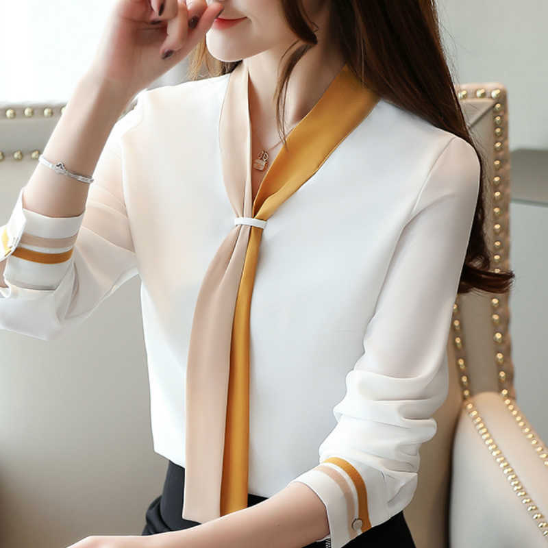 

Fashion Bow Tie V-neck Office Ladies Tops Blouses Woman Long Sleeve Chiffon Blouse Women Shirts Womens Tops And Blouses C35 210602, White
