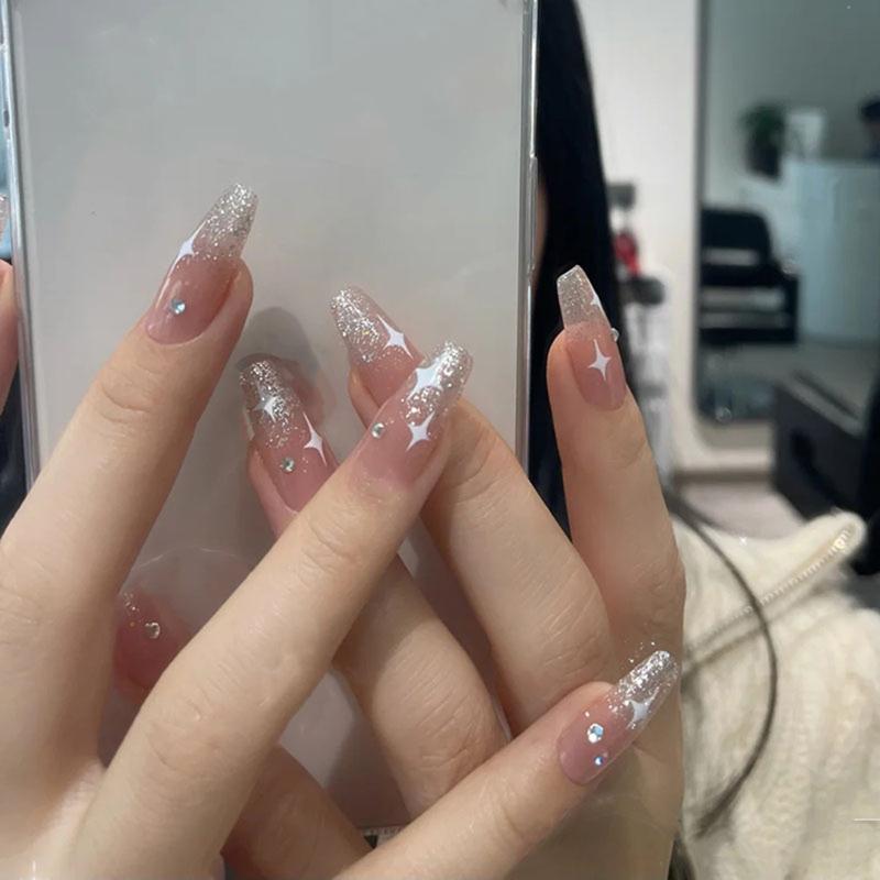 

False Nails 24Pcs Shiny Stars Pattern French With Glue Wearable Full Cover Coffin Nail Tips Ballerina Fashion Fake, A07