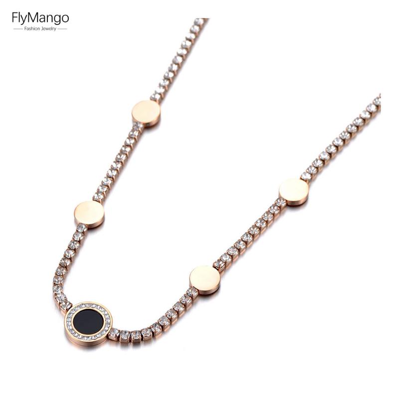 

Pendant Necklaces FlyMango Sparkling Titanium Stainless Steel CZ Crystal 5Pcs Disc Choker For Women Bohemia Rhinestone Necklace FN19192