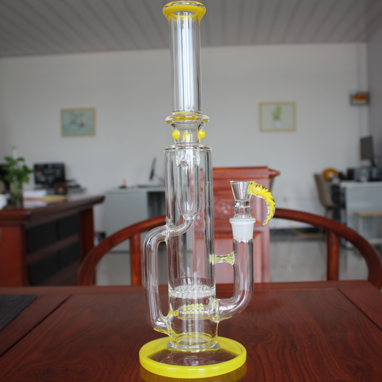 

Smoke glass bong tall straight recycler perc honeycomb water pipe with a hook bowl