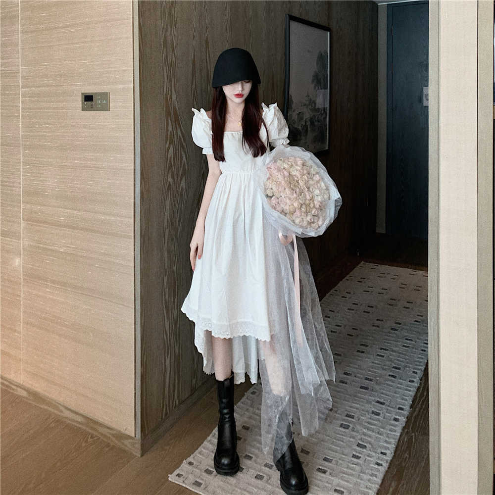 

French Sweet Spring Waist Retro Square Collar A Line Puff Sleeve Lace Patchwork Mid-Calf Dresses for Women 210615, White