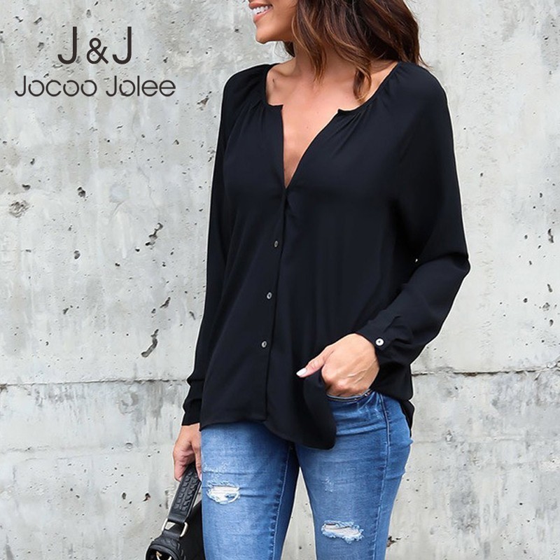 

Jocoo Jolee Women Plus Size Chiffon Blouse Casual Long Sleeve V Neck Shirts Female Tunic Solid Vintage Blouse Tops Oversize  210518, Wine red