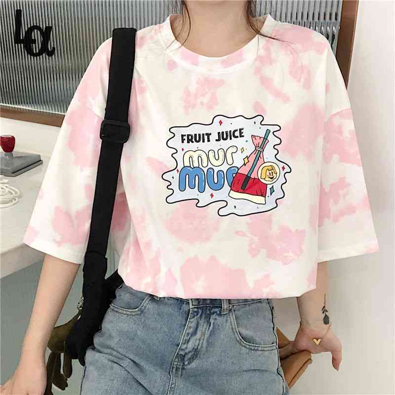 

Women Loose O-neck Cartoons Pink Blue Tie Dye T-shirts Female Summer Cute Shirts Japanese Harajuku Sweet Blouse 210519