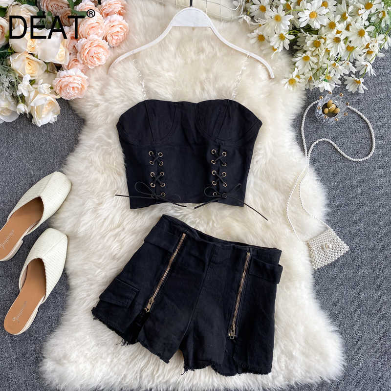 

DEAT Women Blaack Denim Burrs Asymmetrical Shorts Arrivals Strapless Belt Two Piece Set Fashion Spring Summer 11D115 210709, Black