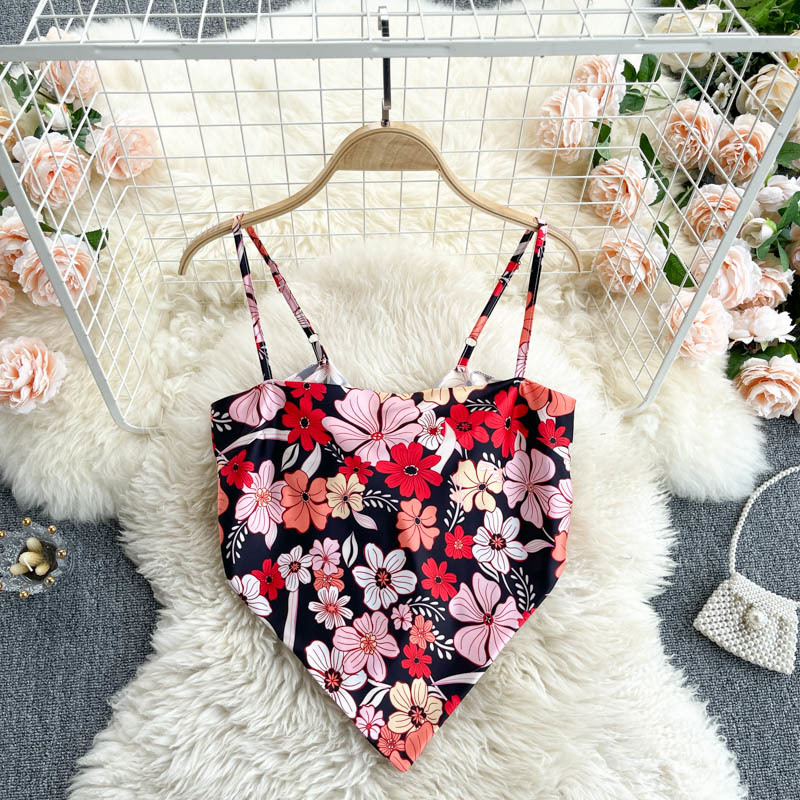 

Seaside holiday dressing camisole women's inner wear design sense niche print halter strap short top women 210525, Dark blue