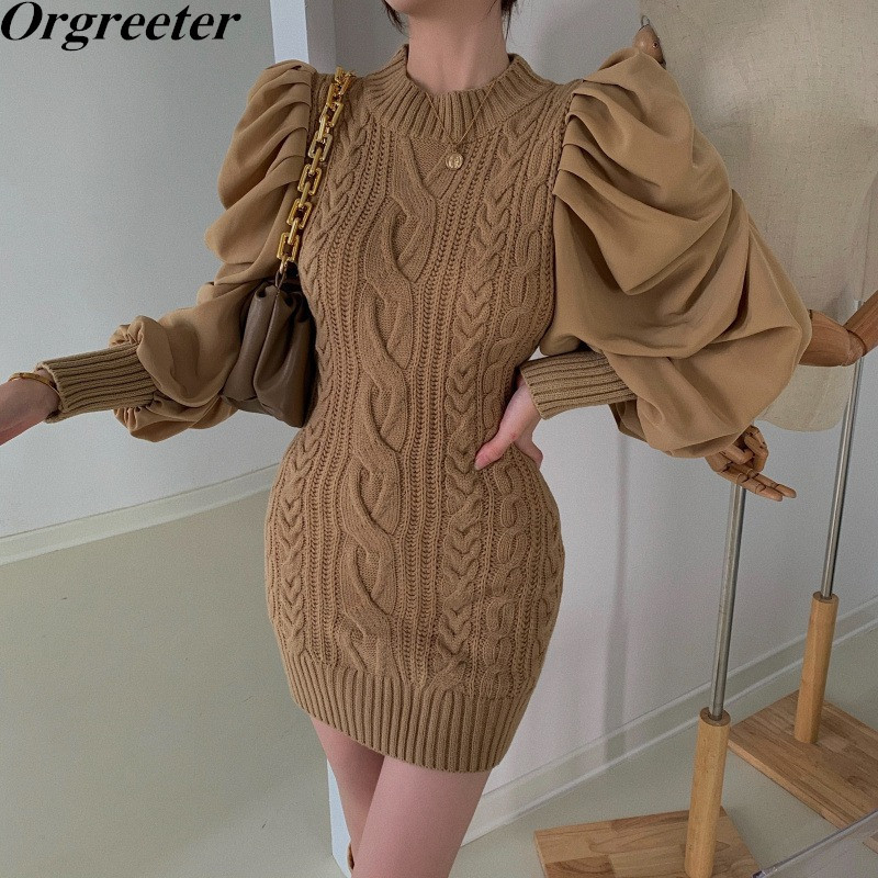 

Chic Patchwork Twist Mini Sweater Dress Women Fall Winter Ruched Puff sleeve Knitted Sheath Pencil Vestidos 210525, Khaki