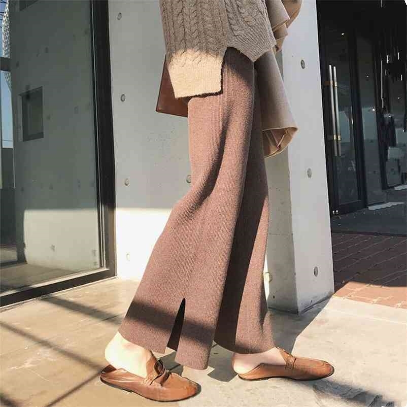 

Paris Girl Knitted Wide-Leg Pants Women's Autumn Winter Knitting Female High Waist Loose Drape Casual Split Trousers 210524, Black