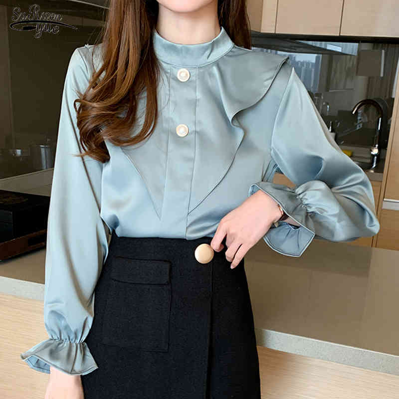

Style Tops for Women Autumn Satin Chiffon Blouse Women Solid Ruffled Shirt Casual Slim Work Shirt Blusas Mujer 10499 210518, Pink