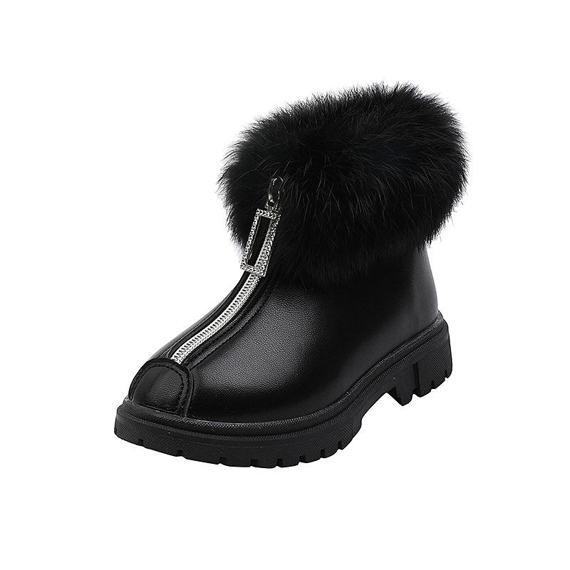 

Children Fur Fashion Boots Kids Girls Winter Warm Plush Lining High Leather Shoes Size 26-36, Black;grey