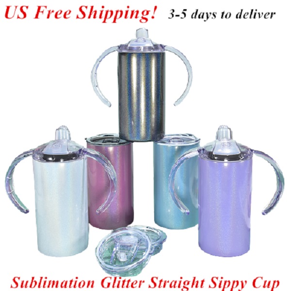 

Local Warehouse! 12oz Sublimation STRAIGHT sippy cup Glitter Tumbler Subliamtion baby cup kids tumbler Stainless Steel tumbler with handle Sucker Cup TWO LIDS!!!, White