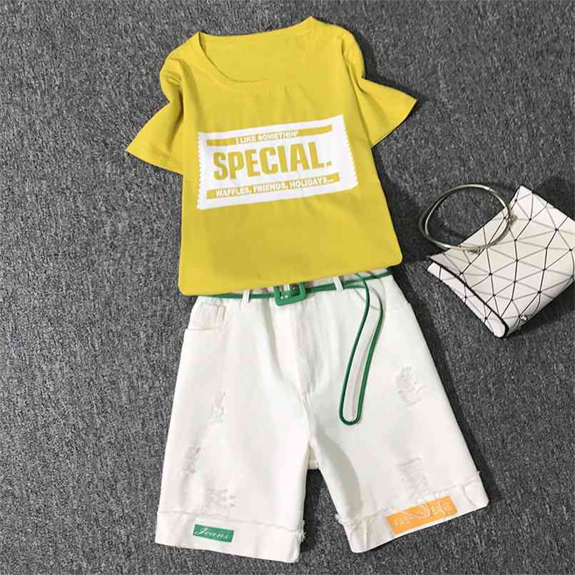 

2 Piece Set Female Summer Fashion Casual Letter Print Cotton Tshirt Tracksuit Women Hole White Denim Shorts Suits 210602, Only yellow tshirt