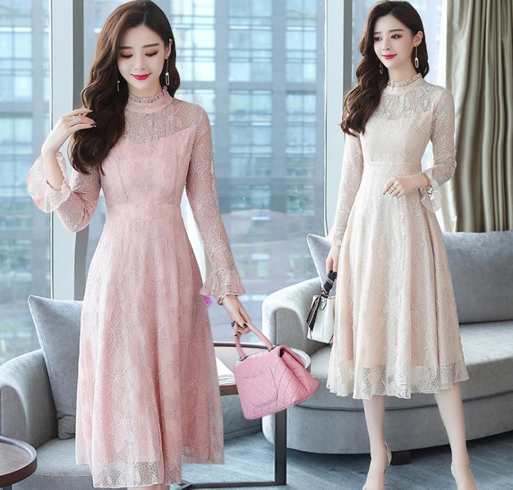 

Casual Dresses Spring Women' Long-sleeved Turtleneck Long Lace Dress Slim Temperament, Black