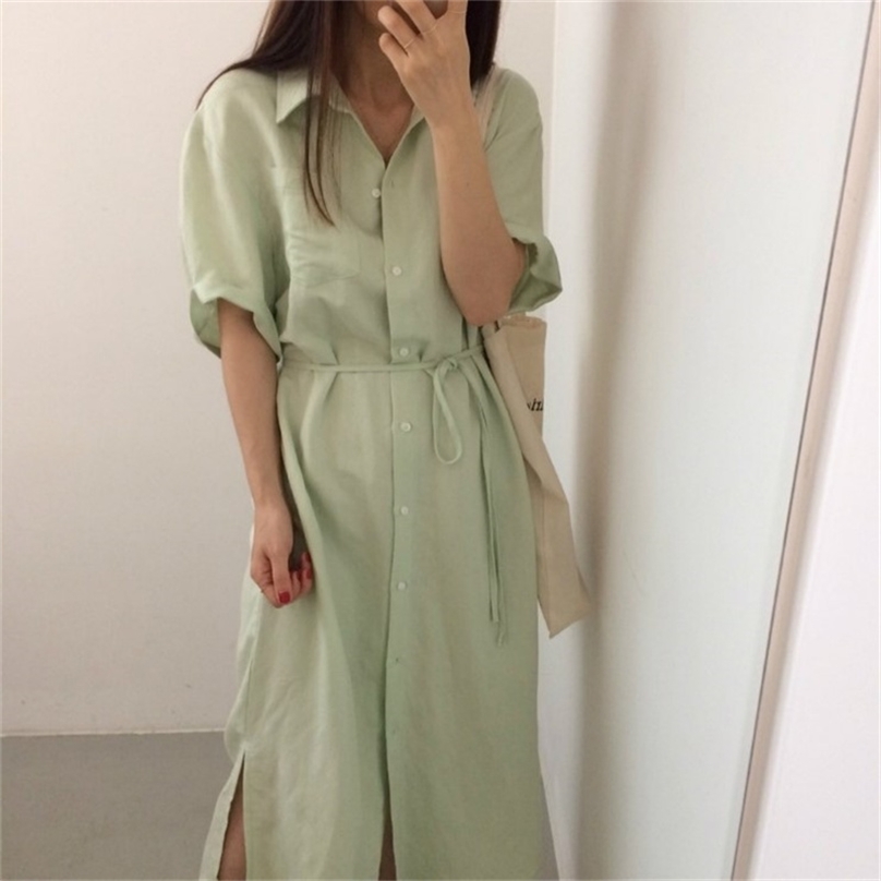 

Elegant Party Sweet Office Lady Summer Gentle Retro Solid Loose Shirt Dress Women Chic Long Dresses Vestidos 210525, Blue