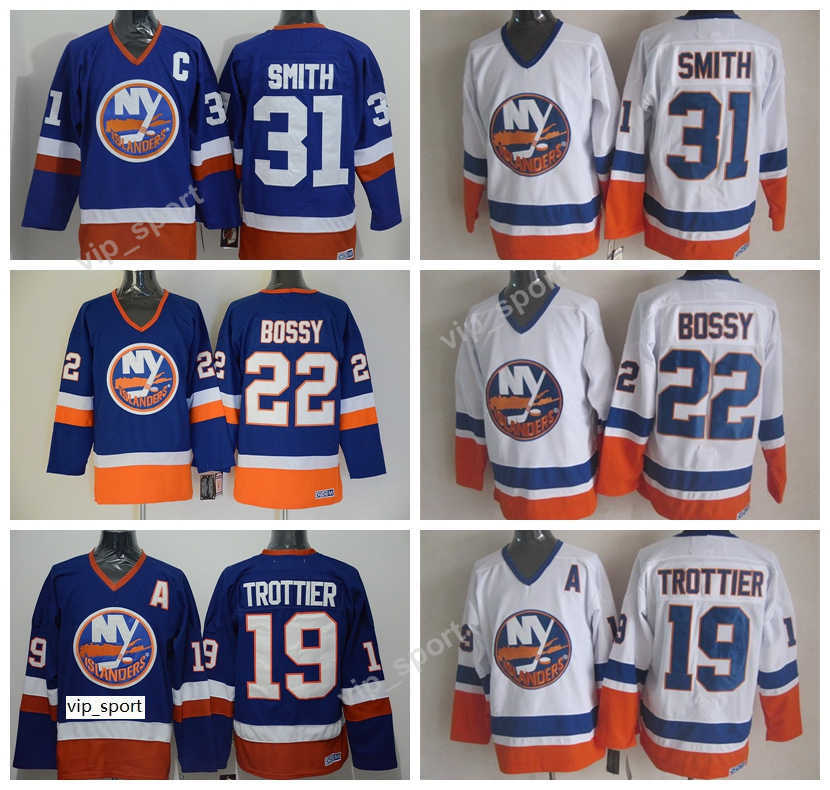 

22 Mike Bossy Jersey Men New York Islanders Hockey 31 Billy Smith 19 Bryan Trottier Retro Jerseys Embroidery Blue Uniforms Sale, 19 blue