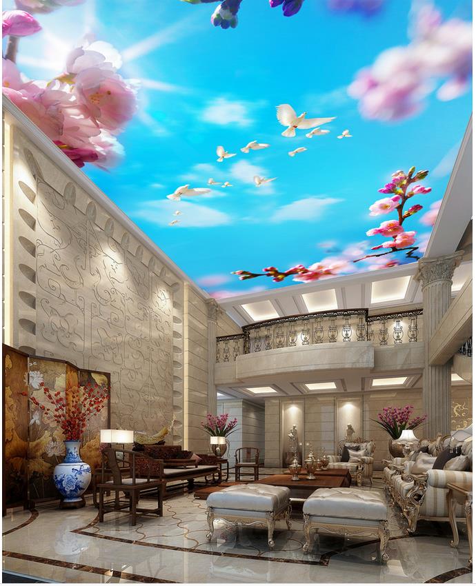 

Custom ceilings Peach Blossom Blue Sky Ceiling 3d murals wallpaper for living room