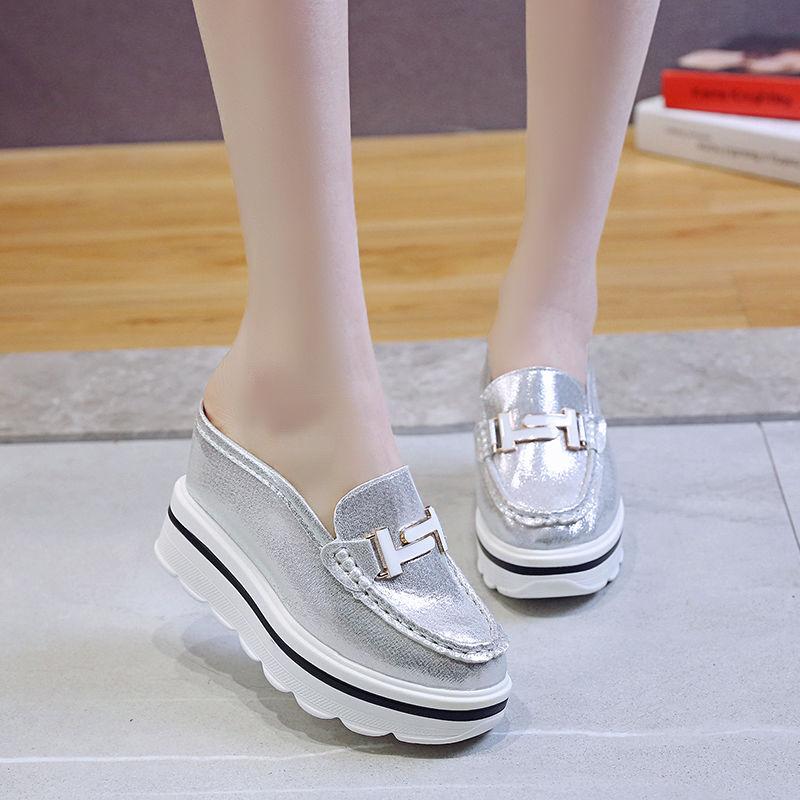 

021 Woman Spring Summer Mules Sandals Decorative Buckle Baotou Slippers Fashion Casual and Comfortable Platform Shoes, Black