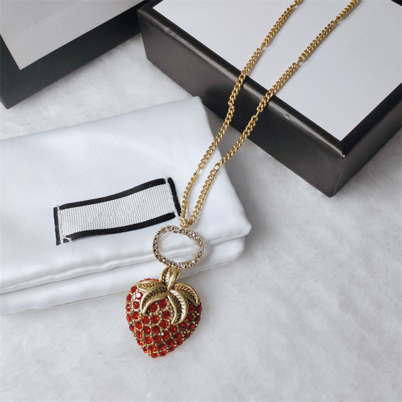 

Red Crystal Strawberry Letter Pendant Necklace With Box Rhinestone Luxury Jewelry Women Jewelry Elegant Charm Necklaces, Silver