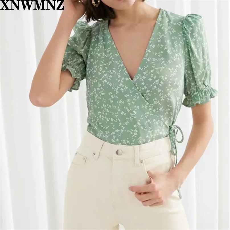 

Puff Sleeve Women's Wrap Blouse Fresh Print V-neck Waist Lace-up Spring Summer Holiday Casual Shirt And Tops 210520, Sky blue