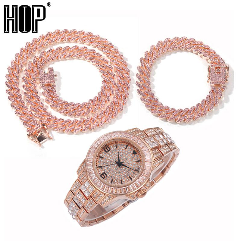 

Chains Hip Hop Baguette Watch+Necklaces +Bracelet 12MM Iced Out Paved Pink Rhinestones Miami Prong Cuban Chain For Women Men Jewelry, Silver