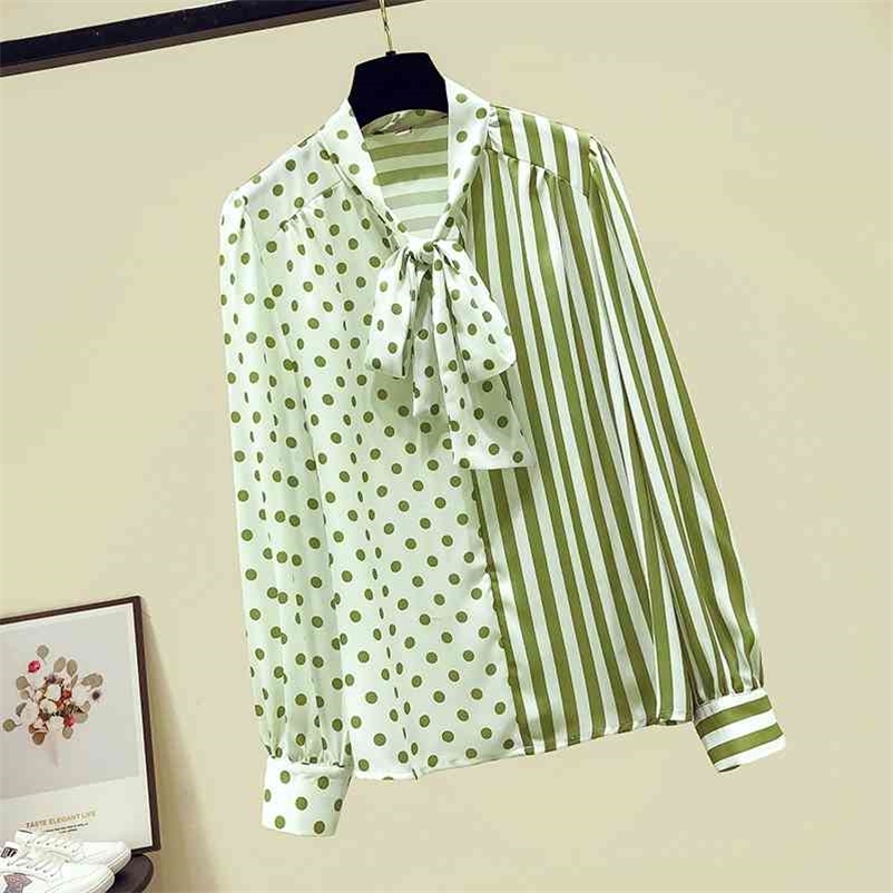 

Autumn Fashion Women' Bow Collar Long Sleevese Stripe Patchwork Polka Dot Shirt Tops Ladies Blouses OL Shirts A3811 210519, Beige