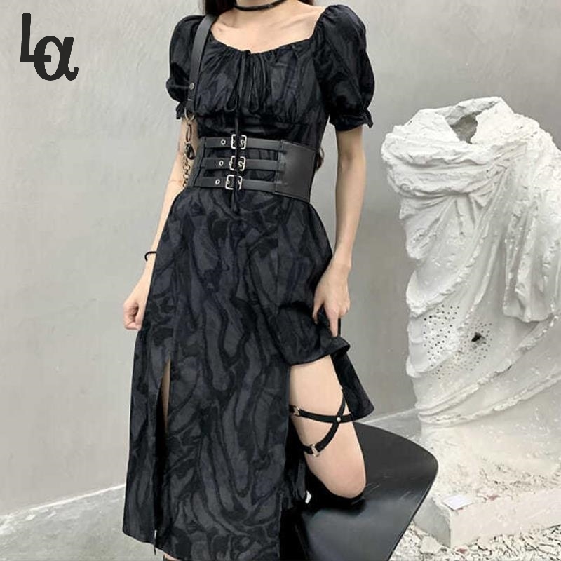 

Summer Split Gothic Dress Women Club Outfits Japanese Harajuku Y2k Black Sash Puff Sleeve Dark Academia 210519, Short dress