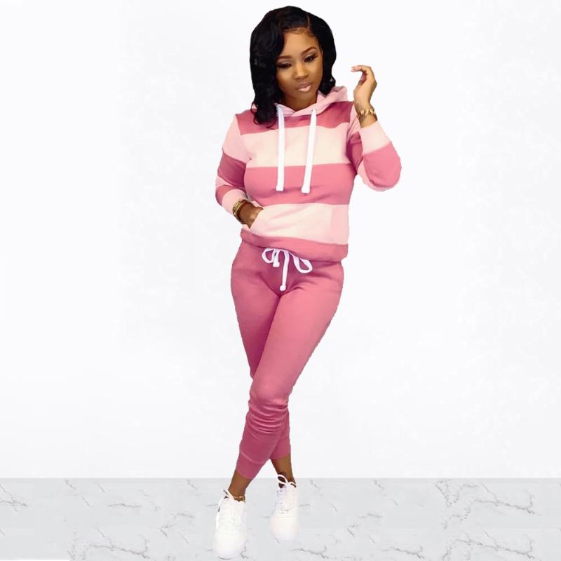 

Women's Two Piece Pants Women Hooded Striped Pocket Sweatshirt Casual Long Sleeve Pullovers+Slim Drawstring Sport Autumn Fashion 2 Set, White