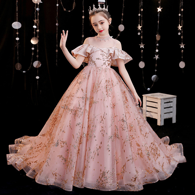 2021 Robes de demoiselle d'honneur mignonnes Jewel cou appliqué perlé pailleté fille pageant robe en cascade à volants balayage train robes d'ann