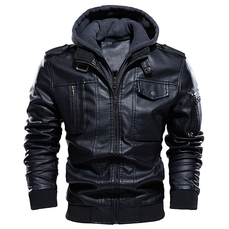 

Motorcycle Jacket Men Casual PU Leather Jackets Man Winter Thick Warm Vintage Hooded Collar Club Bomber Leather Coats chaqueta, Brown