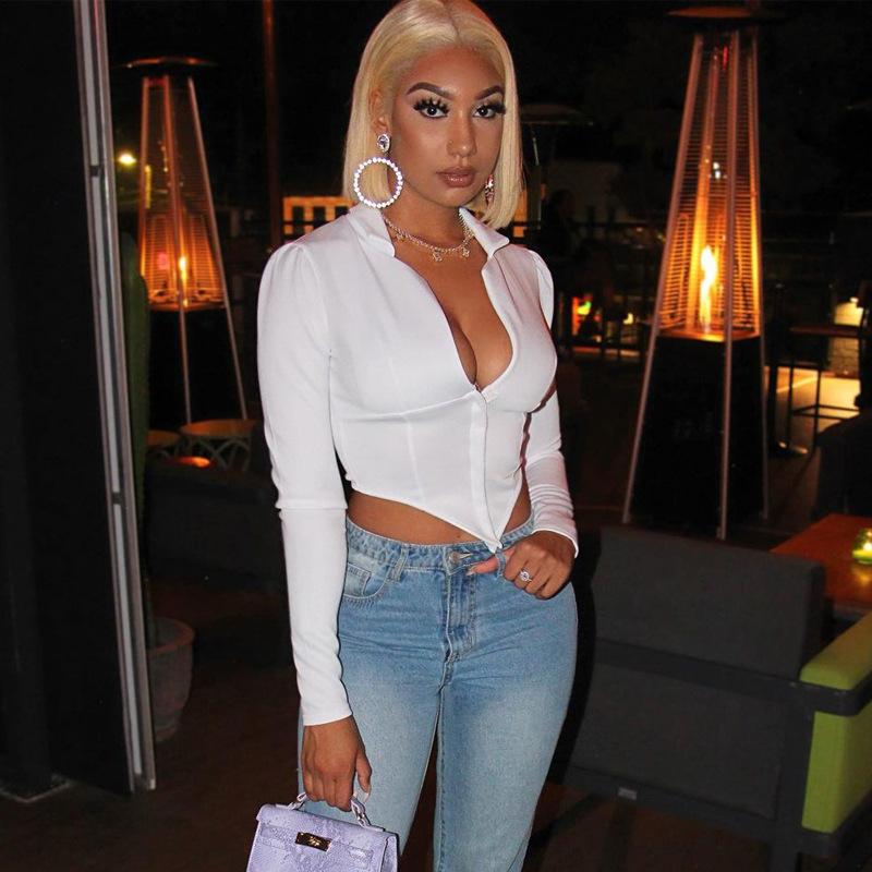 

Women' T-Shirt Fall Winter White Corset Top Tshirts High Street Wear Clubwear Women Sexy Deep V Neck Long Sleeve Crop Tops