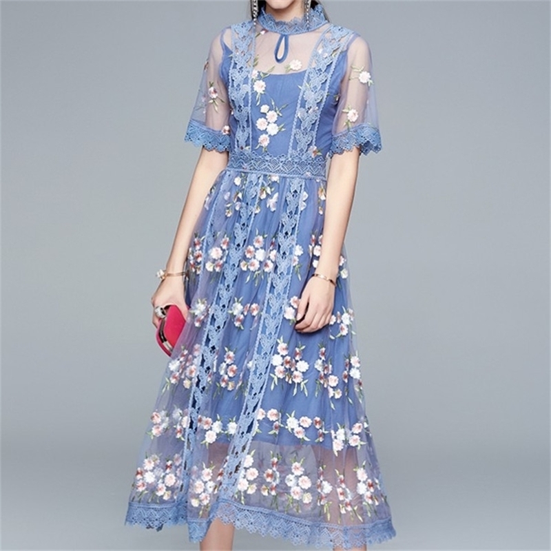 

Summer Casual Embroidery Women O-neck Slim A-Line Maxi Dress Mesh Short Sleeve Evening Party Vestidos 210603, Picture color