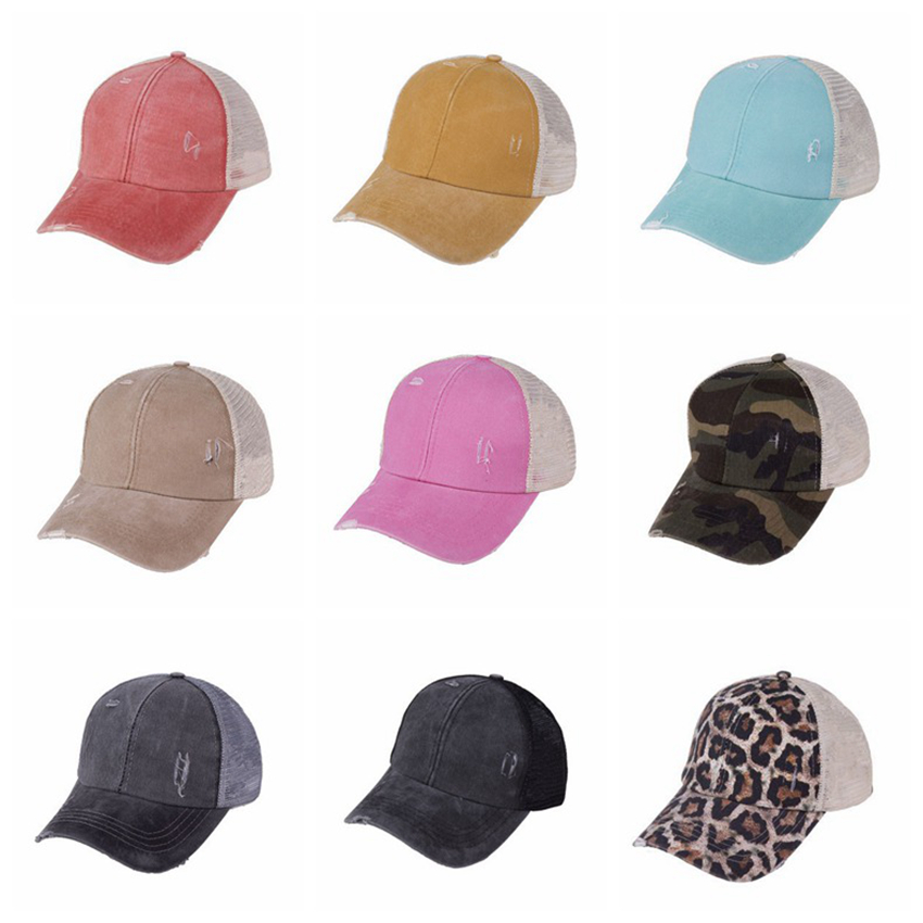 

Ponytail Hats Snapbacks 9 Colors Washed Mesh Back Leopard Camo Hollow Messy Bun Baseball Cap Trucker Hat CYZ3153, As pic