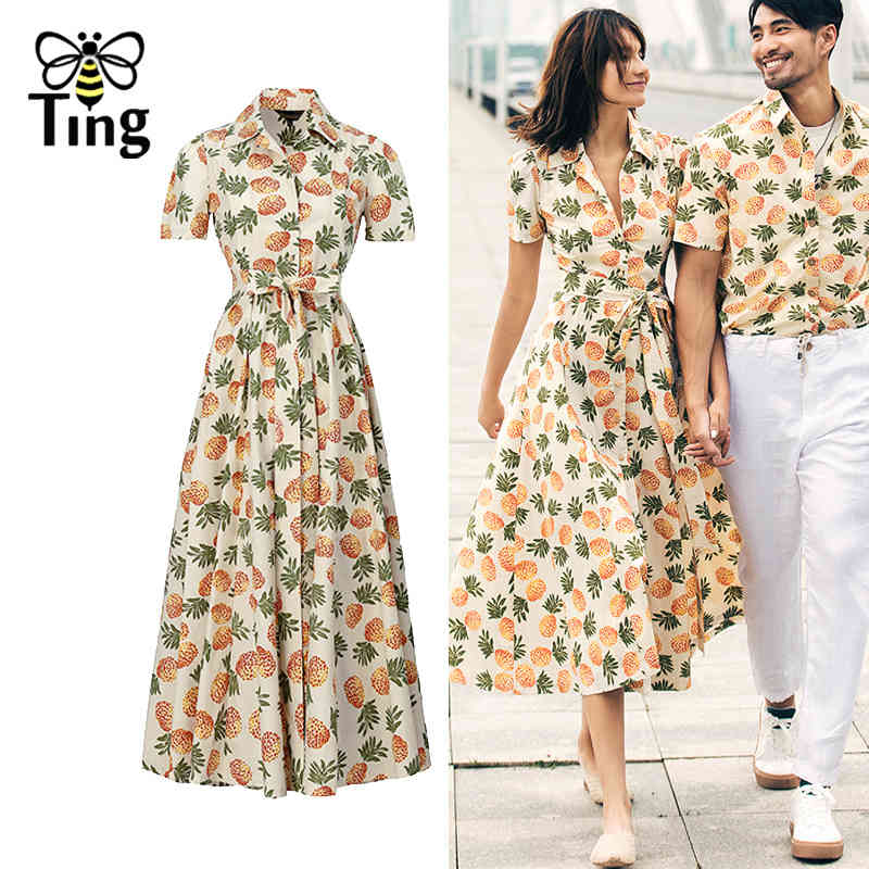 

90S Vintage Pineapple Fruit Floral Print Elegant Party Dress Boho Casual Midi Long Single Breasted Button 210513, As picture