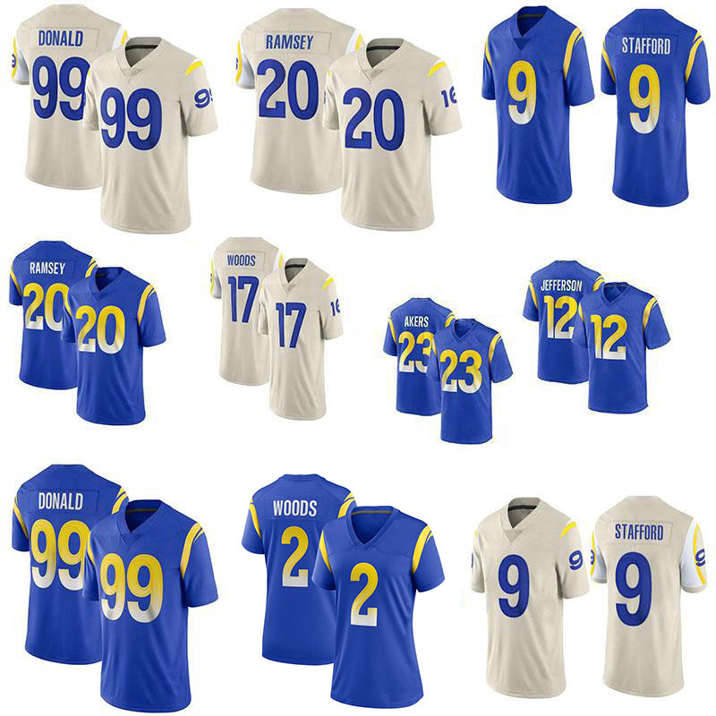 

9 Matthew Stafford 99 Aaron Donald Custom Men Womens Youth Football Jersey 2 Robert Woods 20 Jalen Ramsey 23 Cam Akers 10 Cooper Kupp Jerome Bettis Andrew Whitworth, Mens
