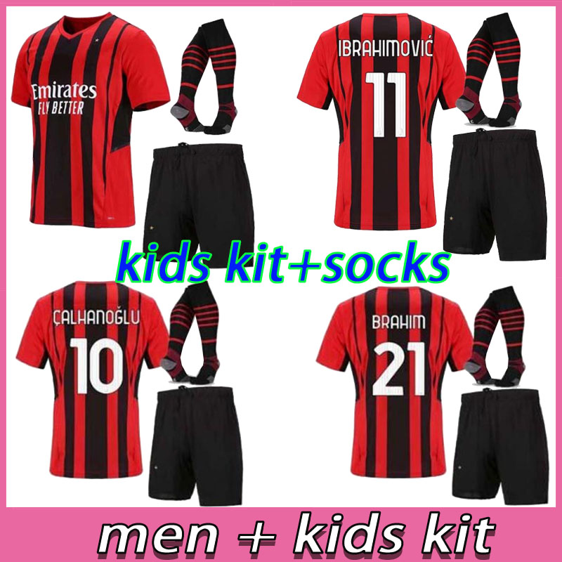 

21 22 IBRAHIMOVIC AC Soccer Jersey milan Men Adult + Kids Kits Full Uniform Jerseys Shorts Socks 2021 2022 Mandzukic REBIC THEO Football Shirt CALHANOGLU Man child set, 21/22 home
