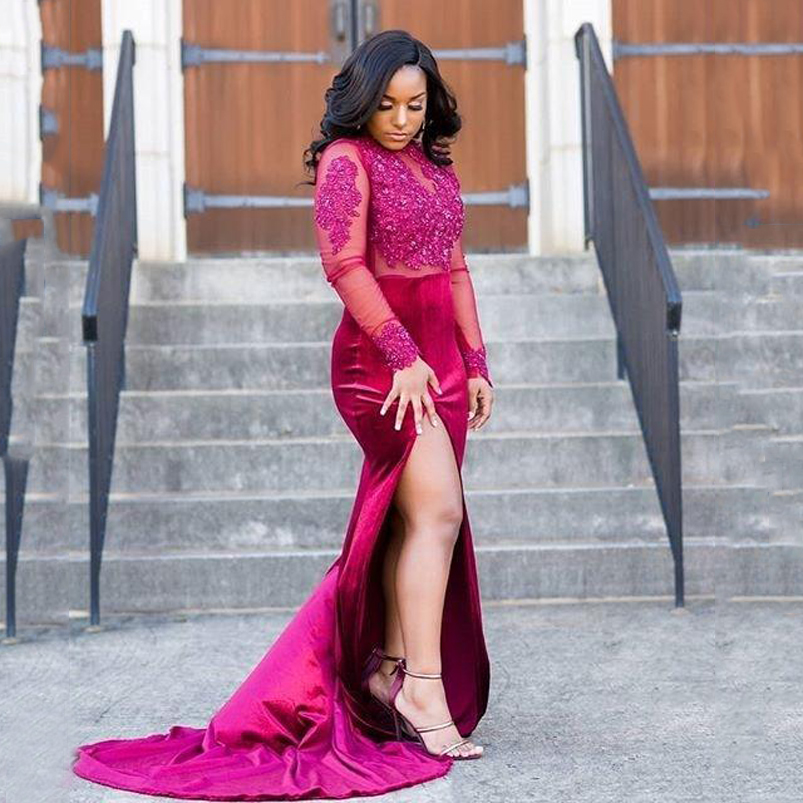 High Neck Lace Applqiued Split Mermaid Evening Dresses Long Sleeves Sweep Train Satin Formal Sepcial Occasion Prom Gowns-image-703025476