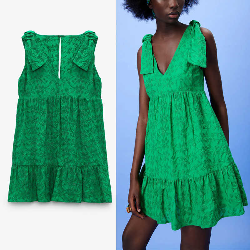 

ZA Short Embroidered Summer Jumpsuit Women Sleeveless Bows Vintage Green Playsuit Back Opening Pleat Embroidery Jumpsuits 210602