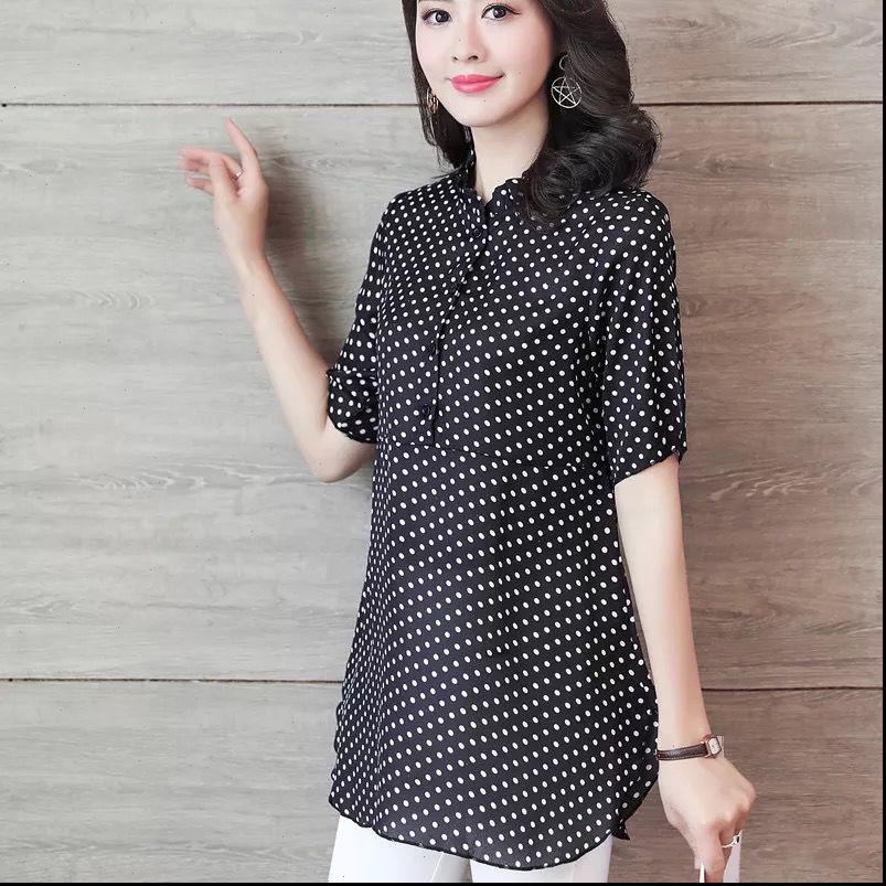 

women womens shirt spring summer style blouses shirts lady casual stand collar short sleeve polka dot printed blusas df3733, White