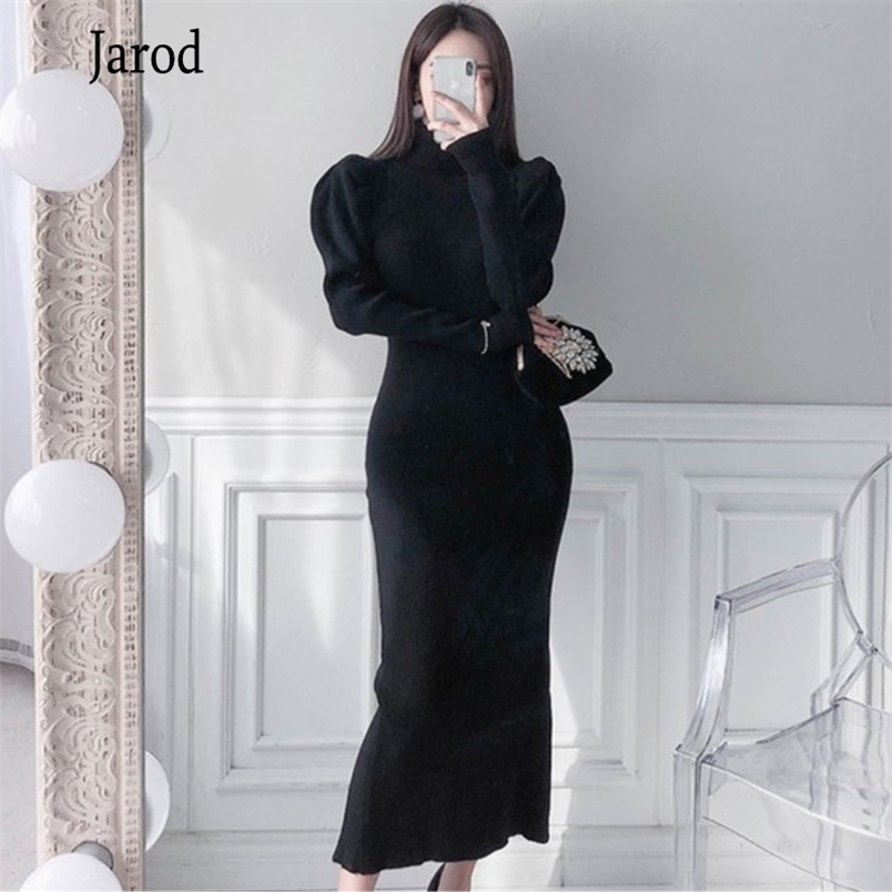 

winter Women turtleneck long Sweater dress robe elegant puff Long sleeve Knitted Sweaters Party Dress Vestidos Female 210519, Black