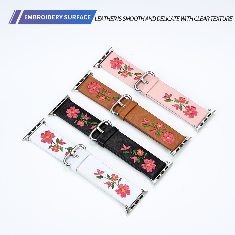 

Applicable Apple Watch Embroidered Flower Leather Loop Pin Buckle Strap Accessories