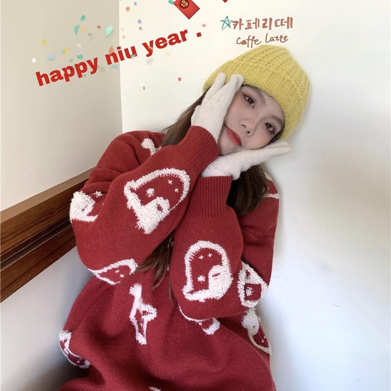 

Women's Sweaters Korean Chic Winter Sweet Girl Loose Casual Pullover Kawaii O-Neck Vintage Cartoon Keep Warm Christmas Red Knitting Sweater