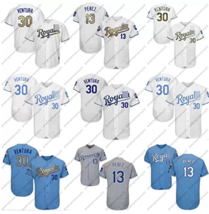 

New Men women youth KC Jersey #30 Yordano Ventura Baseball Wear 13 Salvador Perez Home Blue White Grey Jerseys, Blue;black