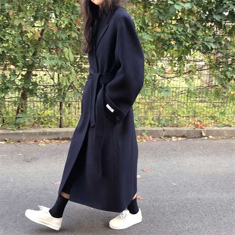 

Korean Winter Fat-Sleeved Lacing Belt Long Loose Bathrobe Woolen Overcoat Jacket Warm Thicked Pure Color Wool Coat Women 211110, Navy blue
