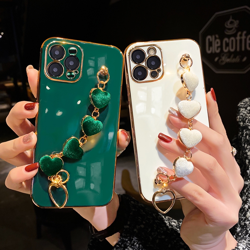 

Luxury Plating Heart Metal Bracelet Phone Chain Cases for iPhone 13 Pro Max 12 11 MiNi XR XS X 7 8 plus SE Cover, Can remark the colors you like